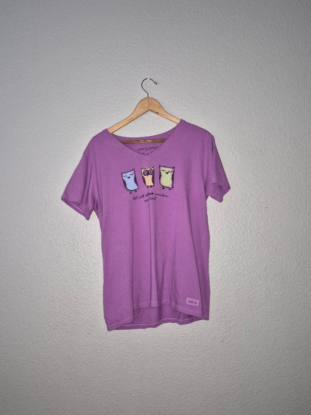 Life is Good Crusher Tee Women's Purple V-Neck Owl Graphic T-Shirt Size: L